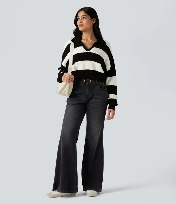 V-neck Long Sleeve Stripe Relaxed Casual Jumper