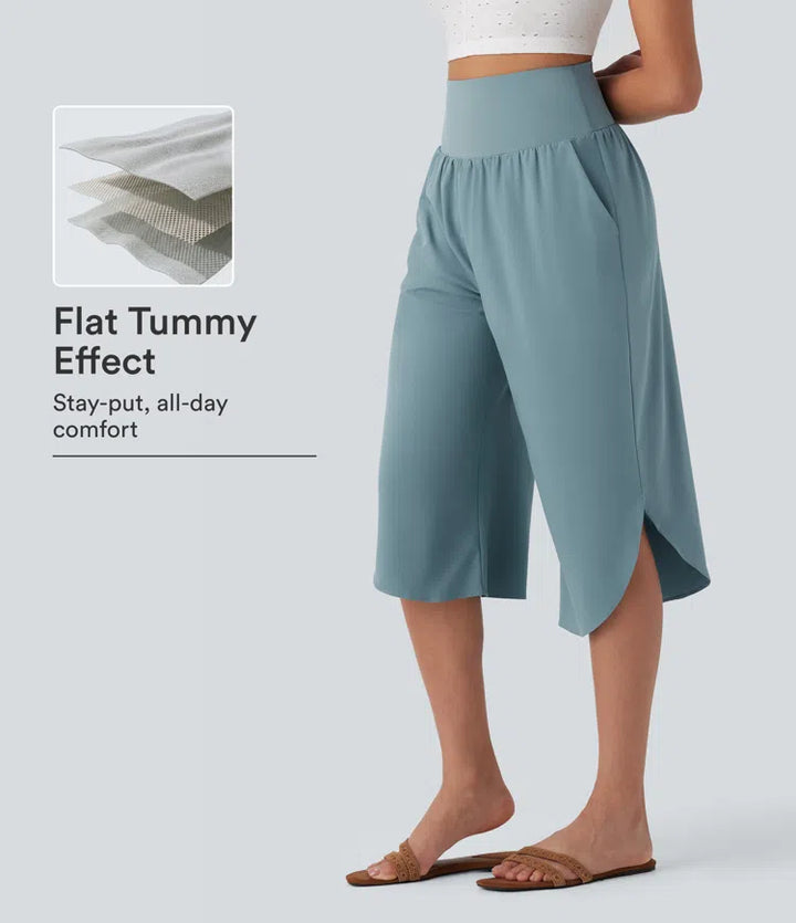 Breezeful High Waisted Tummy Control Hem Quick Dry Capri Trousers with Pockets