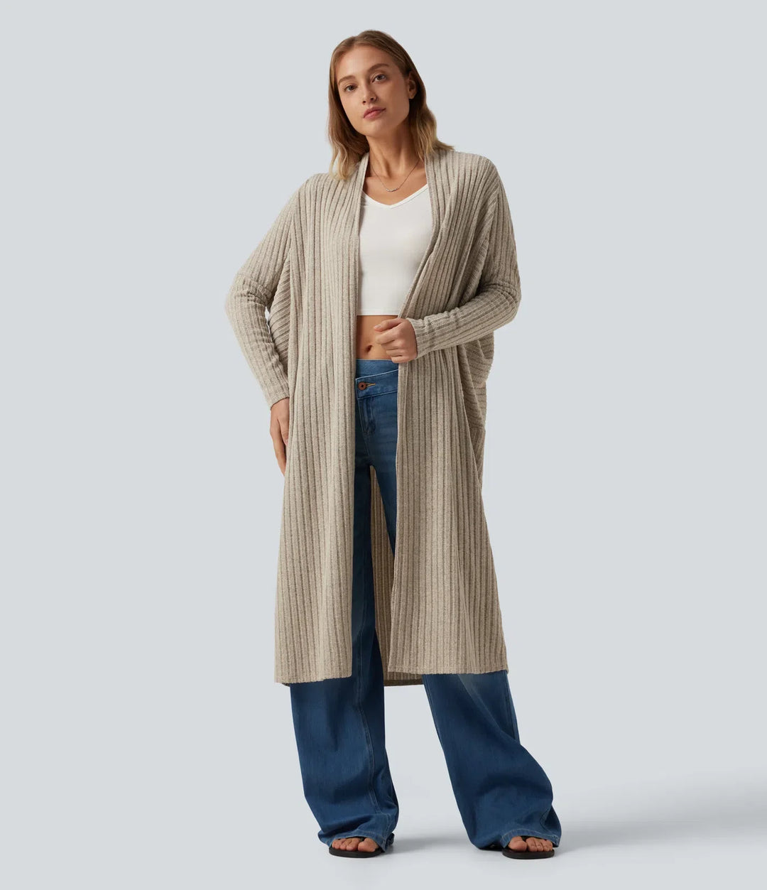 Ribbed Knit Batwing Long Sleeve Belted Casual Longline Cardigan
