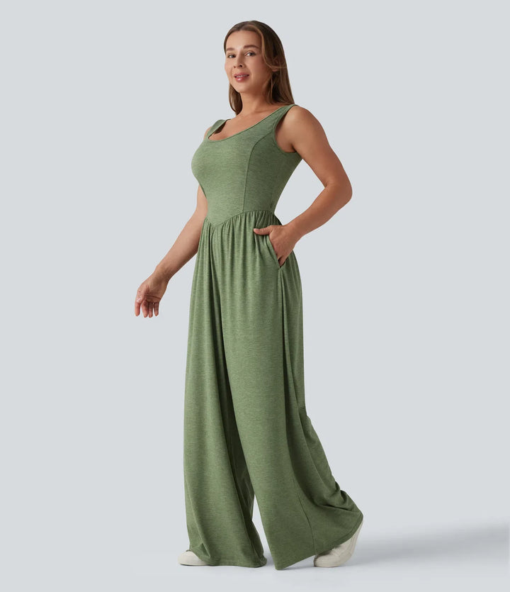 U Neck Wide Leg Casual Jumpsuit with Pockets-Easy Peezy Edition