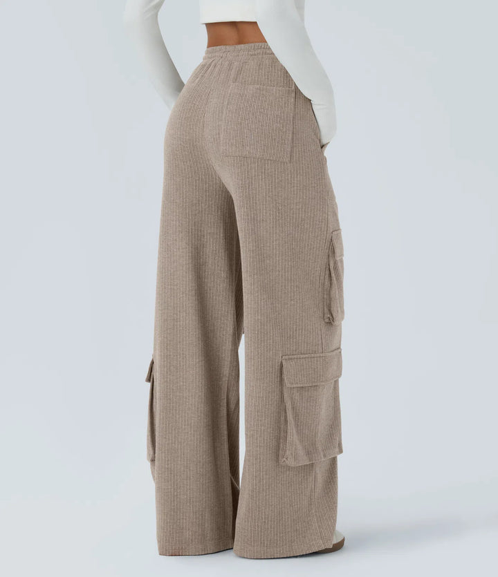 Ribbed Mid Rise Drawstring Pockets Wide Leg Cargo Casual Trousers