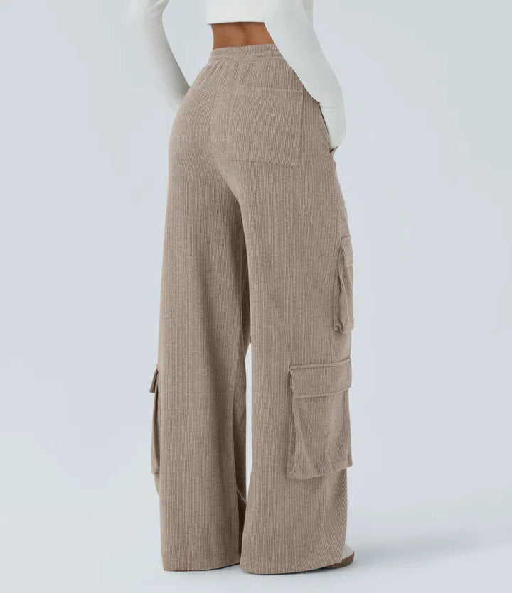 Ribbed Mid Rise Drawstring Pockets Wide Leg Cargo Casual Trousers