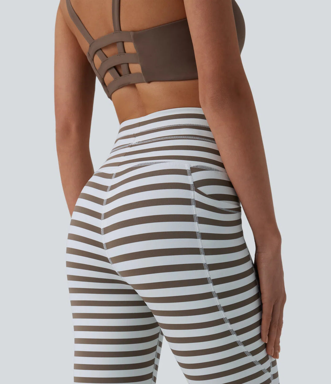 High Waisted Drawstring Stripe Yoga Leggings with Pockets