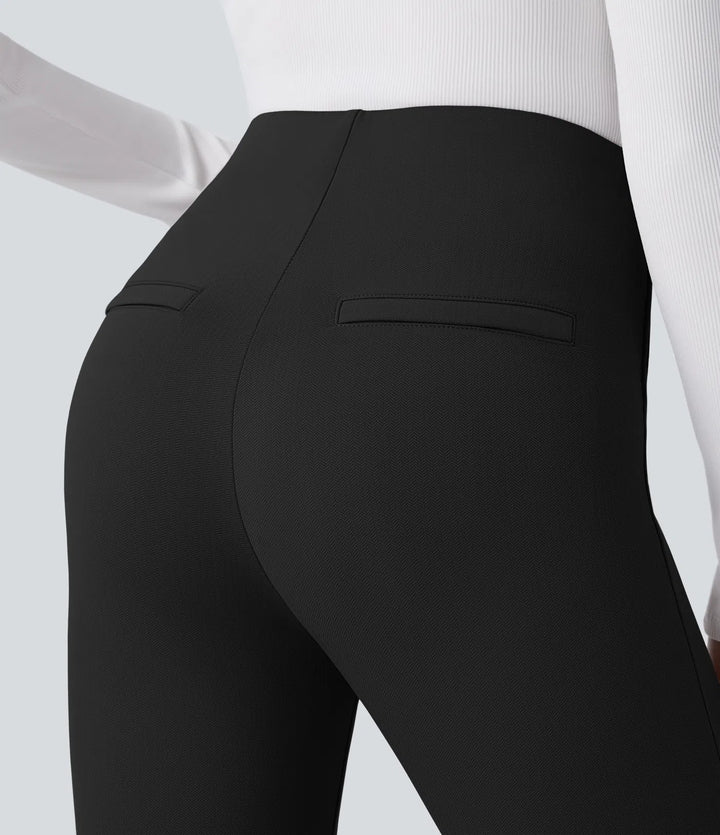 High Waisted Tummy Control Decorative Back Zipper Pockets Herringbone Work Trousers