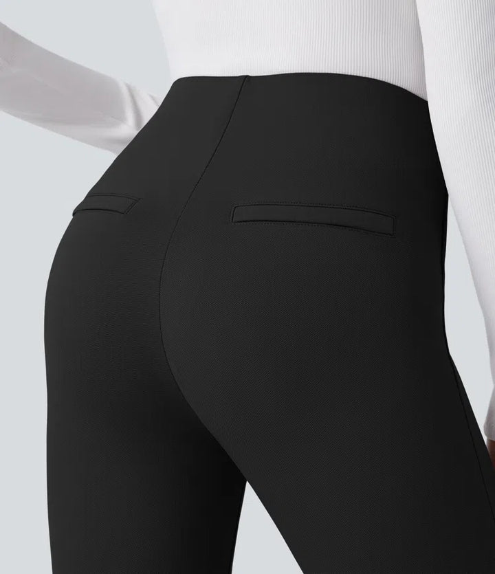 High Waisted Tummy Control Decorative Back Zipper Pockets Herringbone Work Trousers