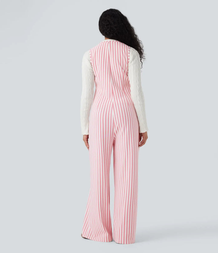 U-Neck Sleeveless Stripe Waffle Casual Jumpsuit with Pockets