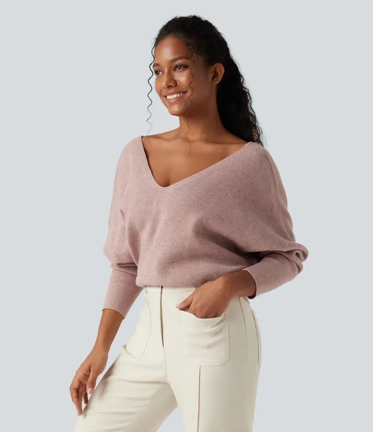 V Neck Long Sleeve Casual Jumper-Front and Back Wearable