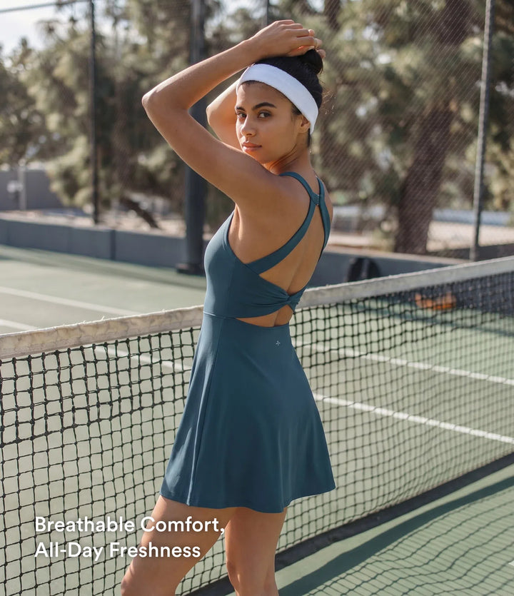 SoftlyZero Airy Backless Twisted Flare Low Support Dance Active Dress-Longer Length-Easy Peezy Edition A-D Cups