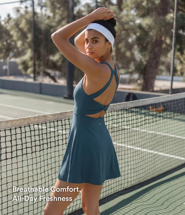 SoftlyZero Airy Backless Twisted Flare Low Support Dance Active Dress-Longer Length-Easy Peezy Edition A-D Cups