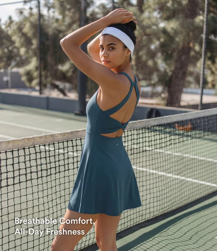 SoftlyZero Airy Backless Twisted Flare Low Support Dance Active Dress-Longer Length-Easy Peezy Edition A-D Cups