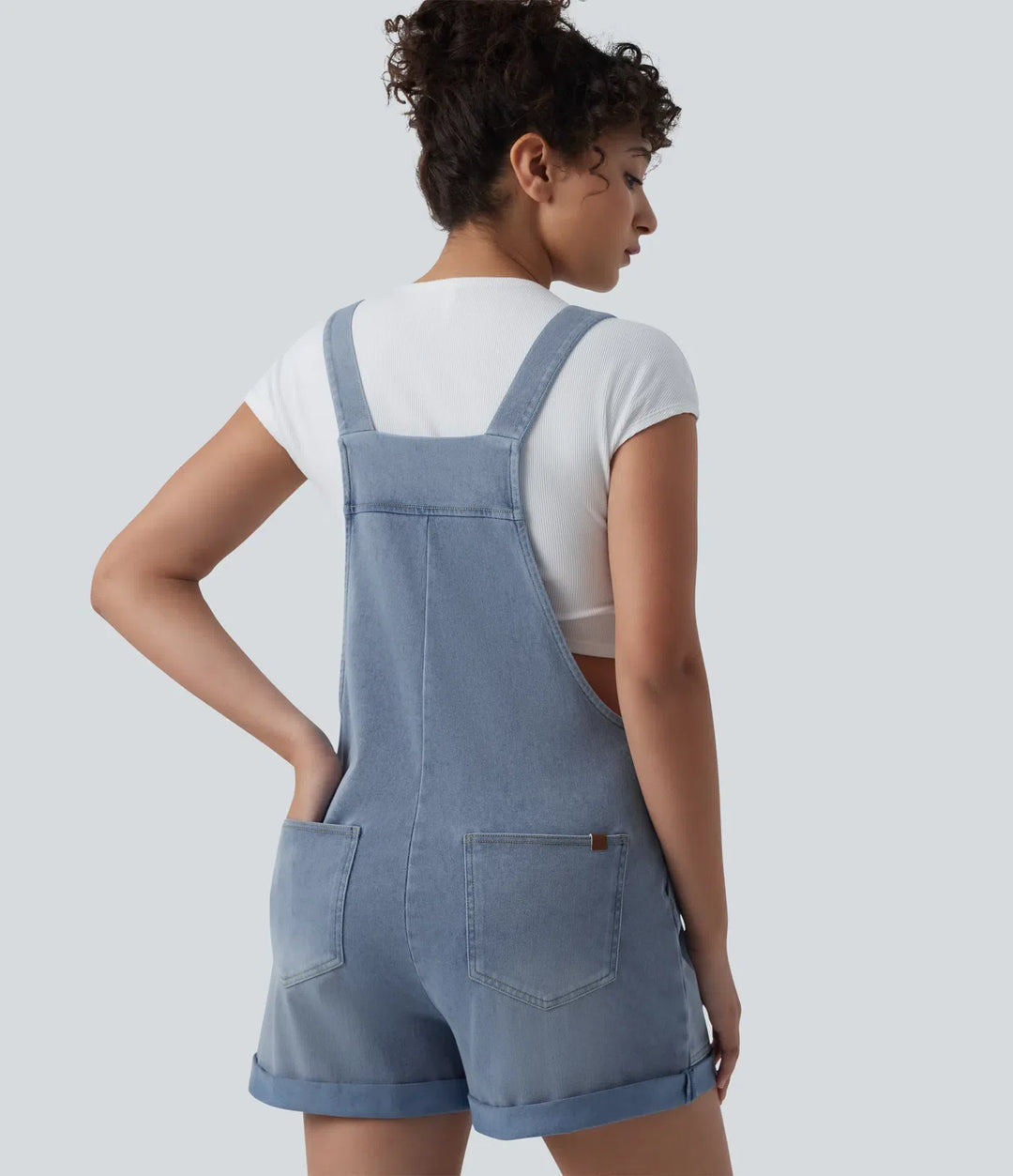 Halara Flex Square Neck Rolled Hem Denim Casual Short Overalls with Pockets