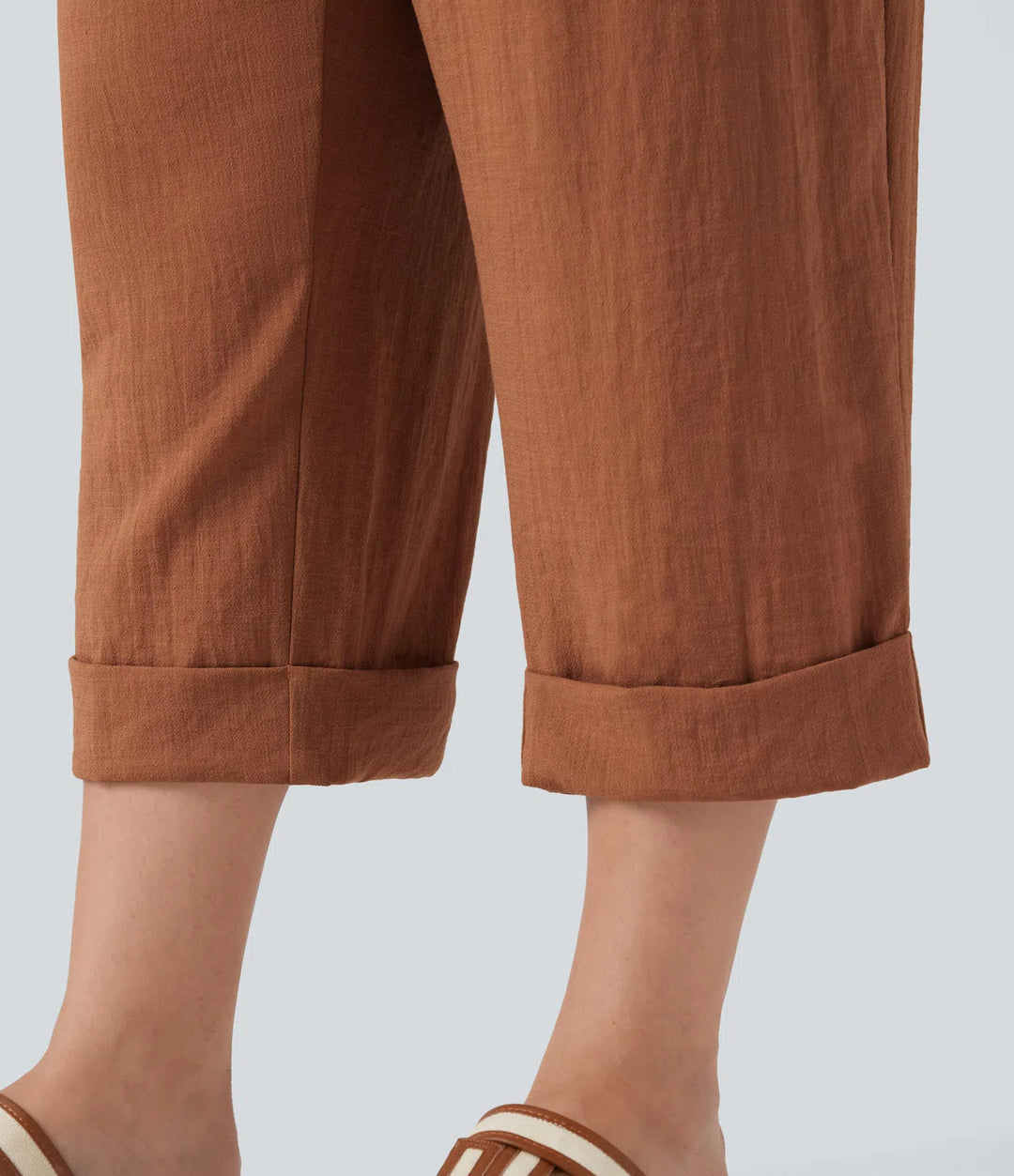 High Waisted Capri Linen-Feel Resort Plus Size Trousers with Pockets
