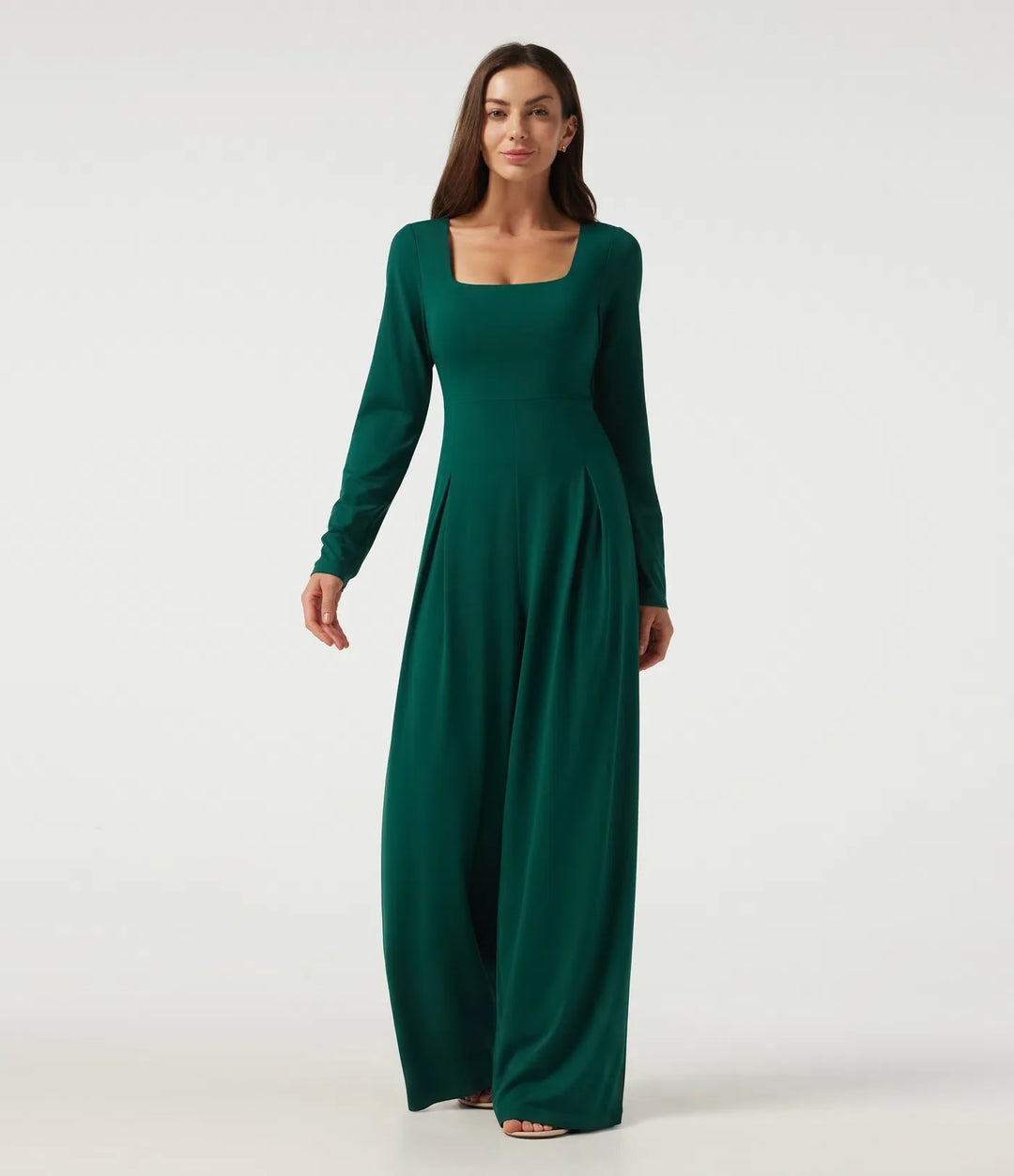 Square Neck Long Sleeve Built-in Bra Wide Leg Casual Jumpsuit with Pockets-Easy Peezy Edition