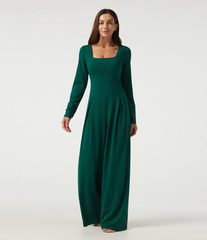 Square Neck Long Sleeve Built-in Bra Wide Leg Casual Jumpsuit with Pockets-Easy Peezy Edition