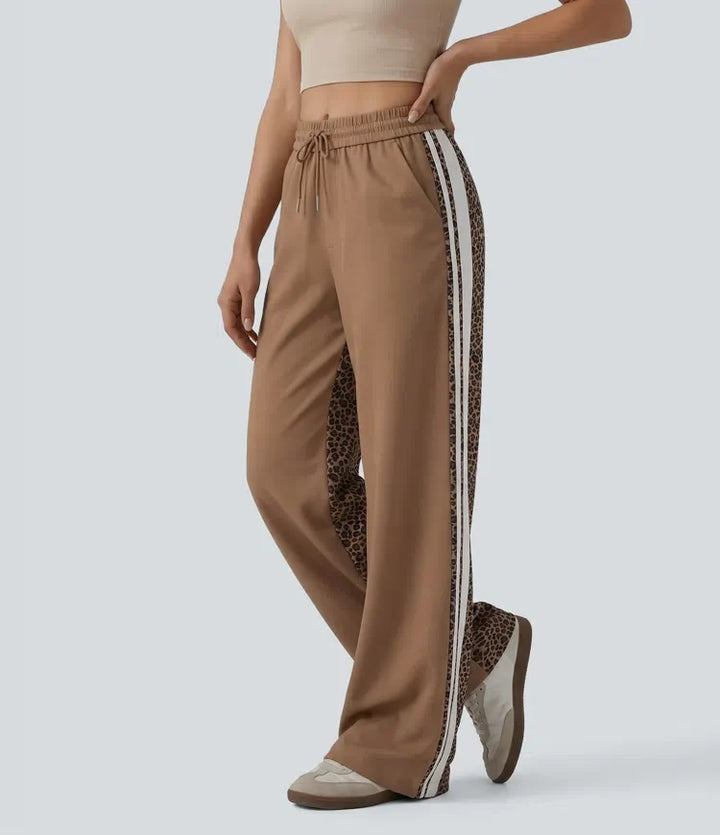 Mid Rise Drawstring Color Block Stripes Contrast Leopard Casual Baggy Trousers with Pockets