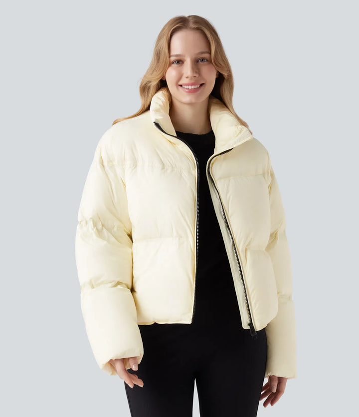 Stand Collar Drawstring Hem Casual Puffer Down Jacket with Pockets