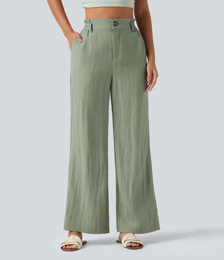 High Waisted Wide Leg Casual Linen-Blend Trousers with Pockets