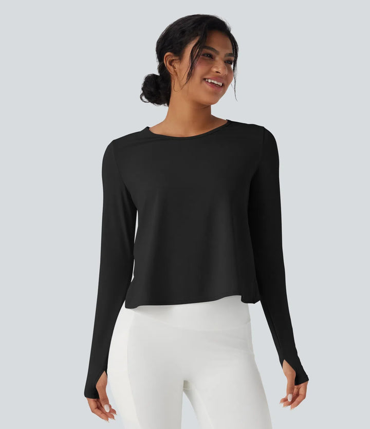 Long Sleeve Thumb Hole Crossover Curved Hem Yoga Sports Top