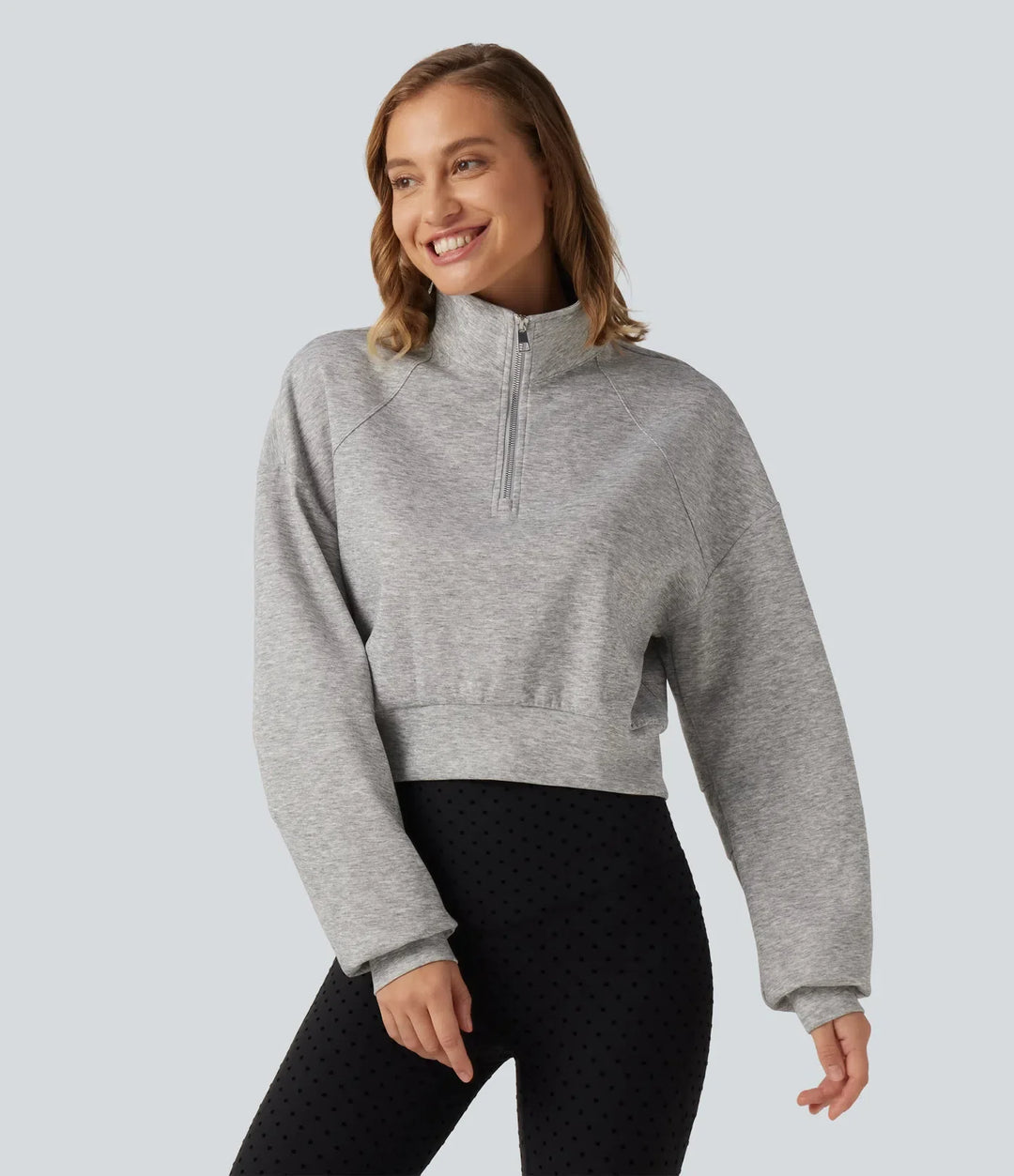 Stand Collar Half-Zip Raglan Long Sleeve Casual Cropped Sweatshirt