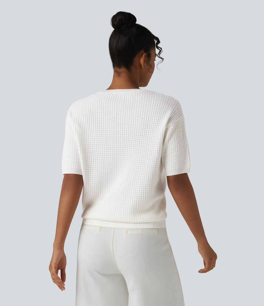 Round Neck Short Sleeve Waffle Casual Jumper