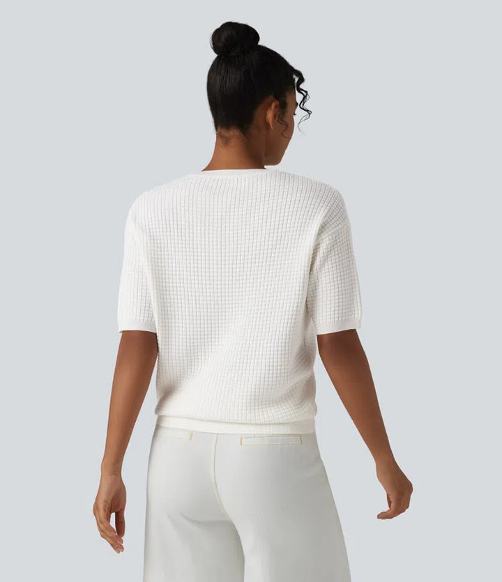 Round Neck Short Sleeve Waffle Casual Jumper