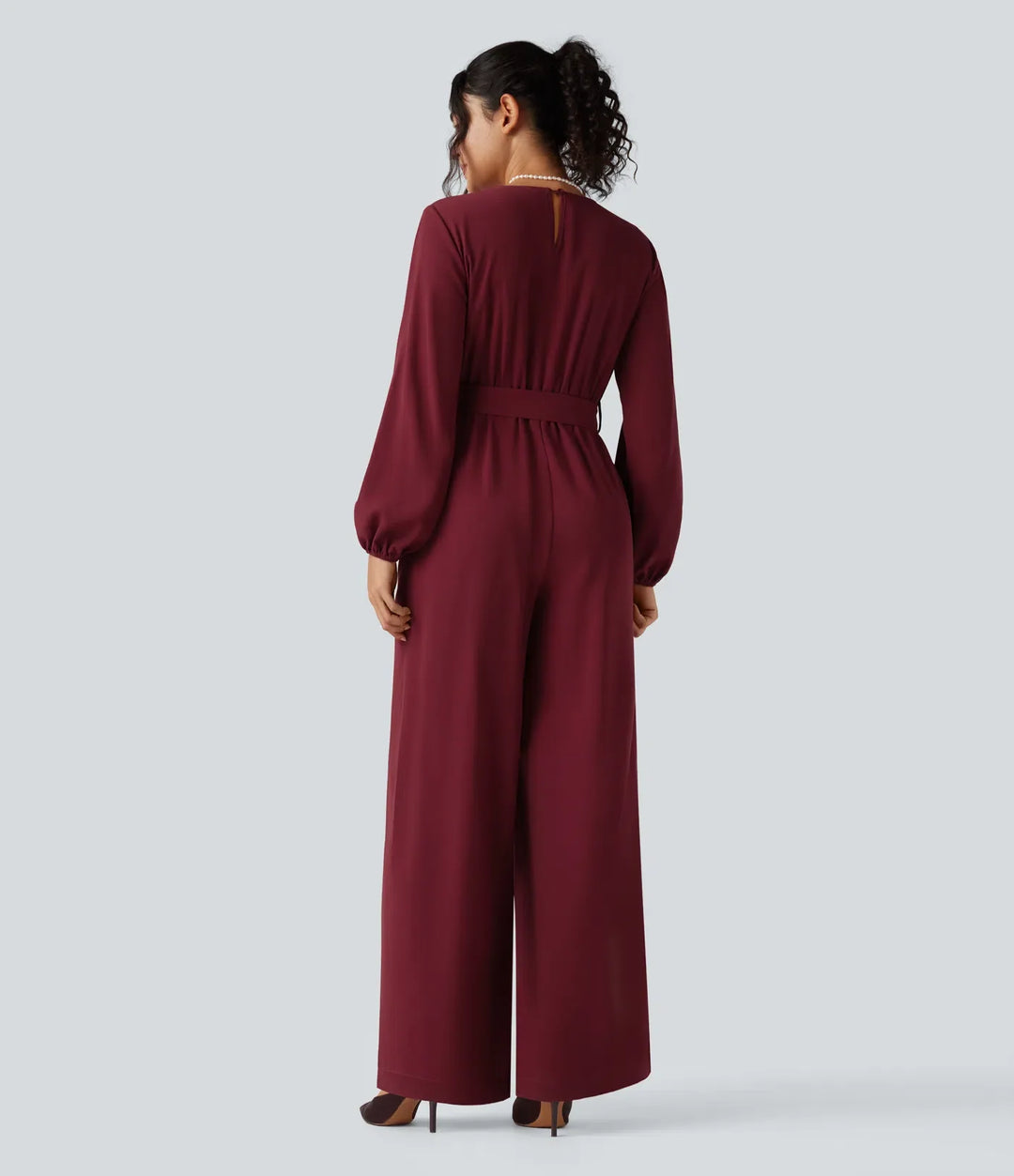 V-neck Puff Long Sleeve Belted Wide Leg Party Jumpsuit with Pockets