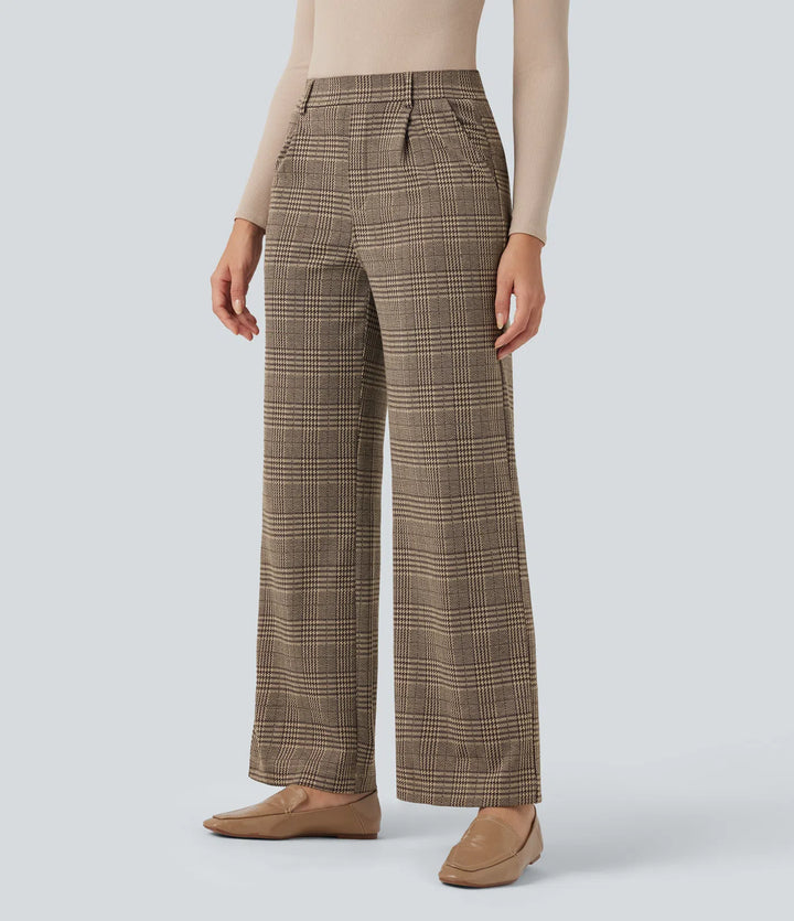 Halara Flex High Waisted Straight Leg Houndstooth Plaid Work Trousers with Pockets