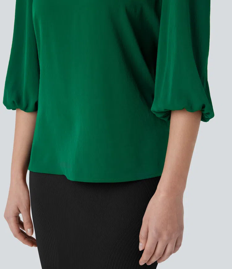 Boat Neck Keyhole Back Bishop Sleeve Work Linen-Feel Blouse