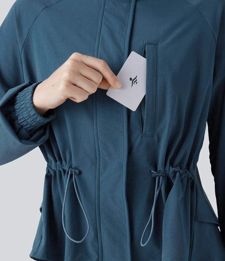 Stowable Hood Drawstring Contrast Mesh Ruffle Hem Workout Jacket with Pocket