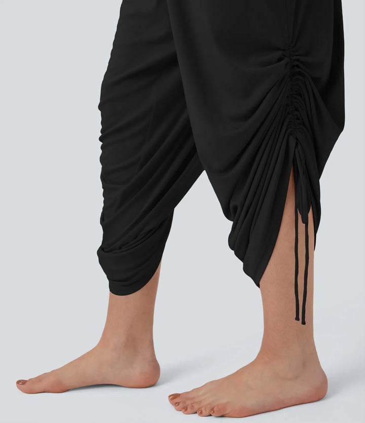 Ribbed Halter Tie Back Drawstring Resort Jumpsuit with Pockets