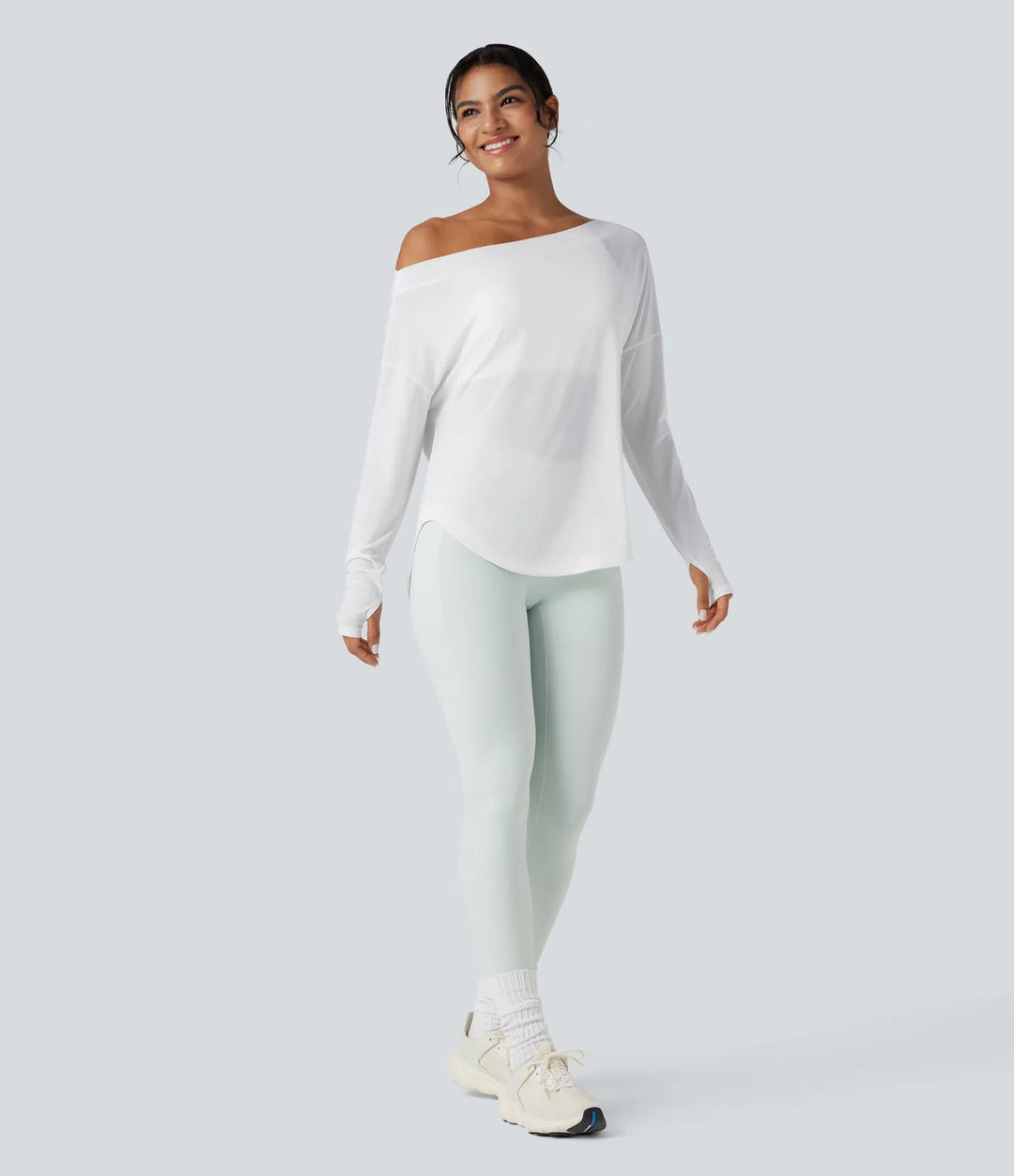 One Shoulder Long Sleeve Thumb Hole Curved Hem High Low Quick Dry Yoga Sports Top-Built-in Bra