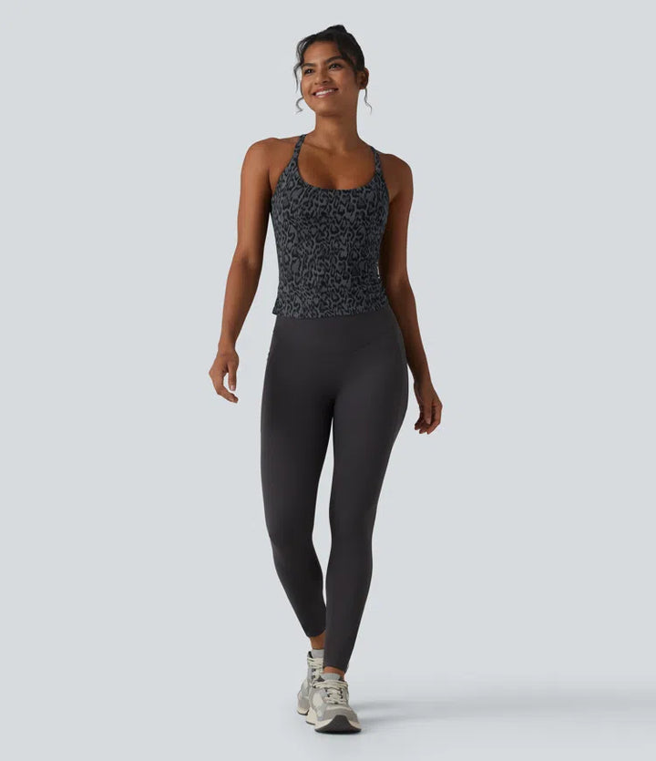 Halara UltraSculpt Leopard Print Scoop Neck Built-in Bra Crossover Hem Yoga Tank Top