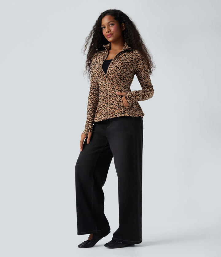Halara UltraSculpt Leopard Print Stand Collar Long Sleeve Thumb Hole Casual Jacket with Pockets