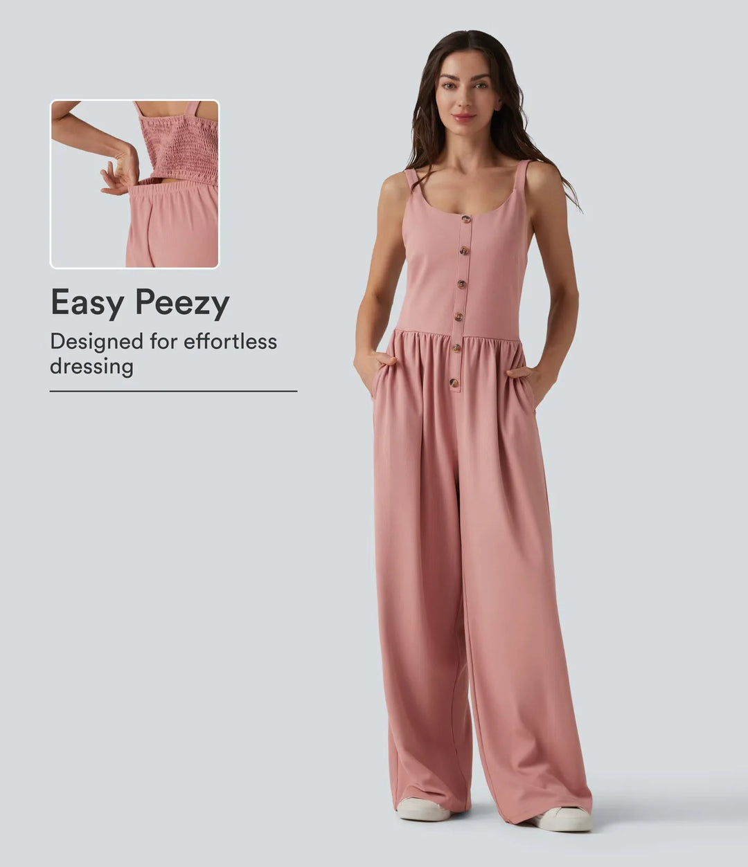 U-Neck Sleeveless Shirred Decorative Buttons Waffle Casual Wide Leg Jumpsuit with Pockets-Easy Peezy