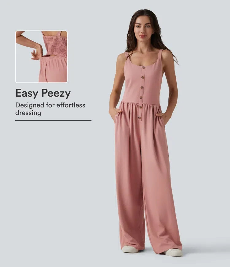 U-Neck Sleeveless Shirred Decorative Buttons Waffle Casual Wide Leg Jumpsuit with Pockets-Easy Peezy