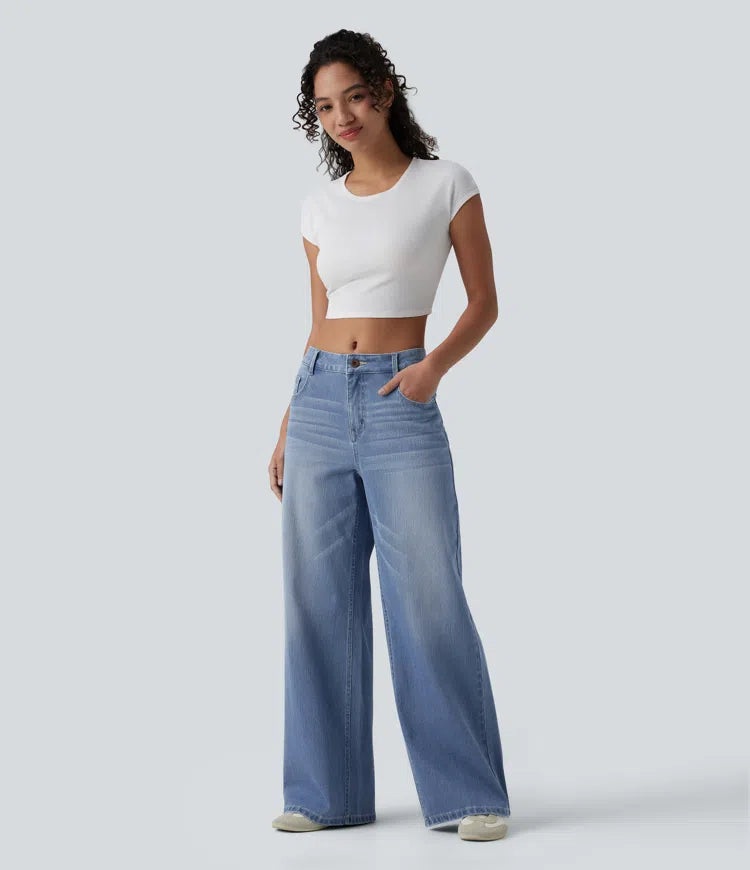 Halara Flex Mid Rise Washed Baggy Wide Leg Casual Jeans with Pockets