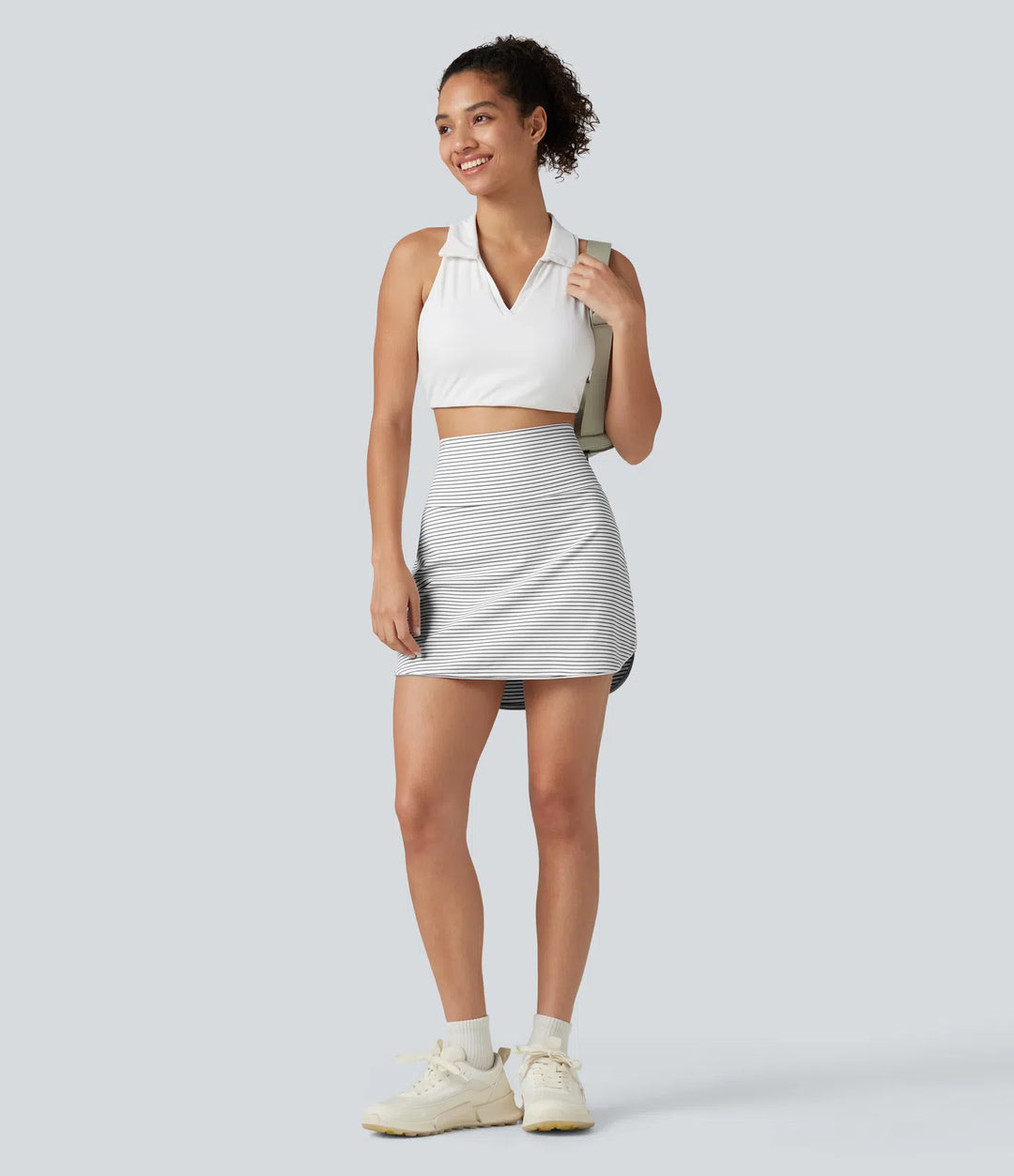 Ultra High-Waist Tummy Control Curved Hem 2-in-1 Stripes Golf Mini Skirt with Pockets