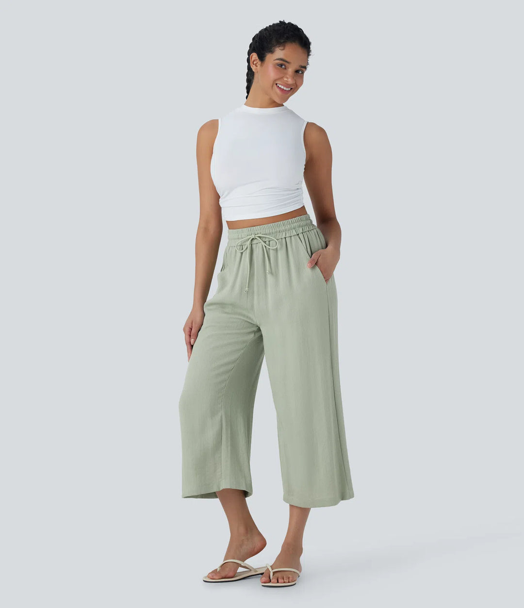 High Waisted Drawstring Wide Leg Cropped Casual Linen-Feel Trousers with Pockets