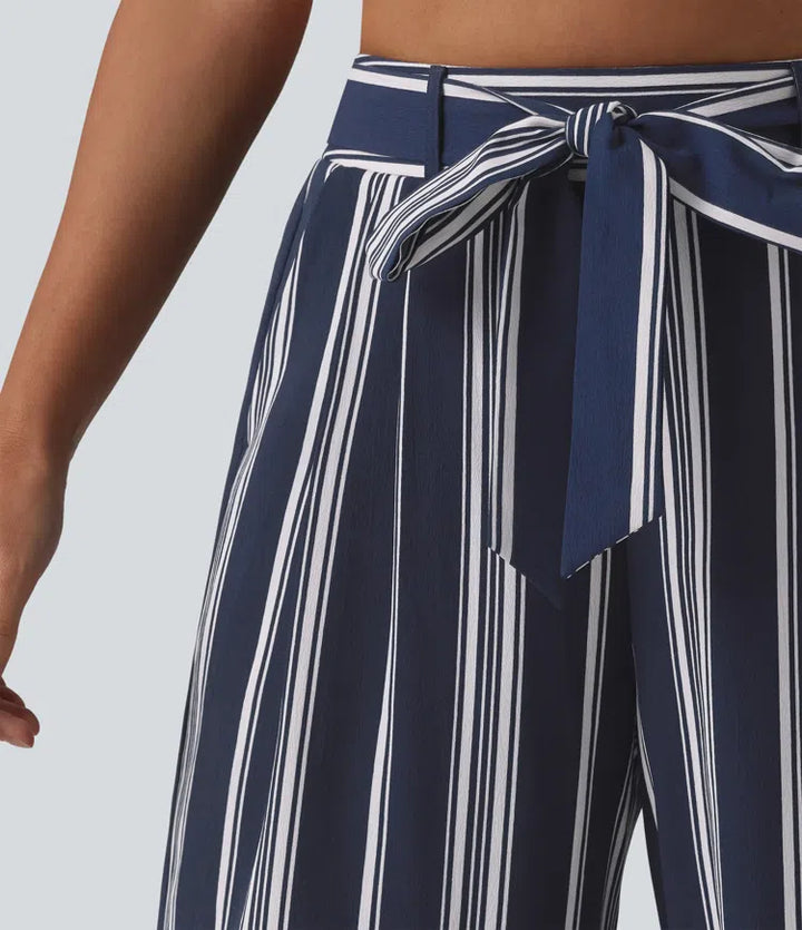 High Waisted Belted Stripes Resort Baggy Trousers with Pockets