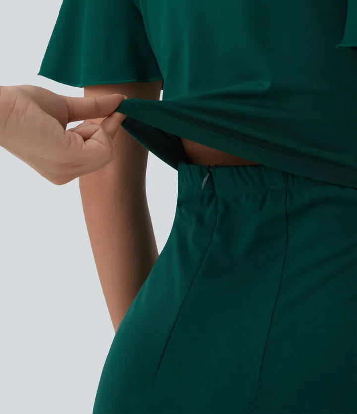 Round Neck Short Sleeve Tie Front Wide Leg Jumpsuit with Pockets-Easy Peezy Edition