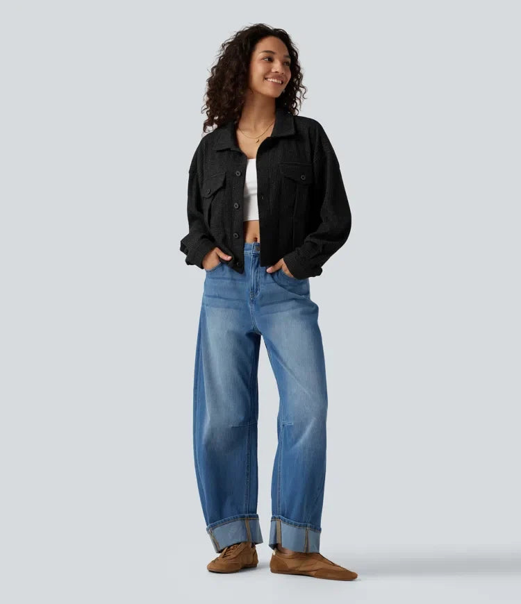 Long Sleeve Knit Waffle Casual Jacket with Pockets