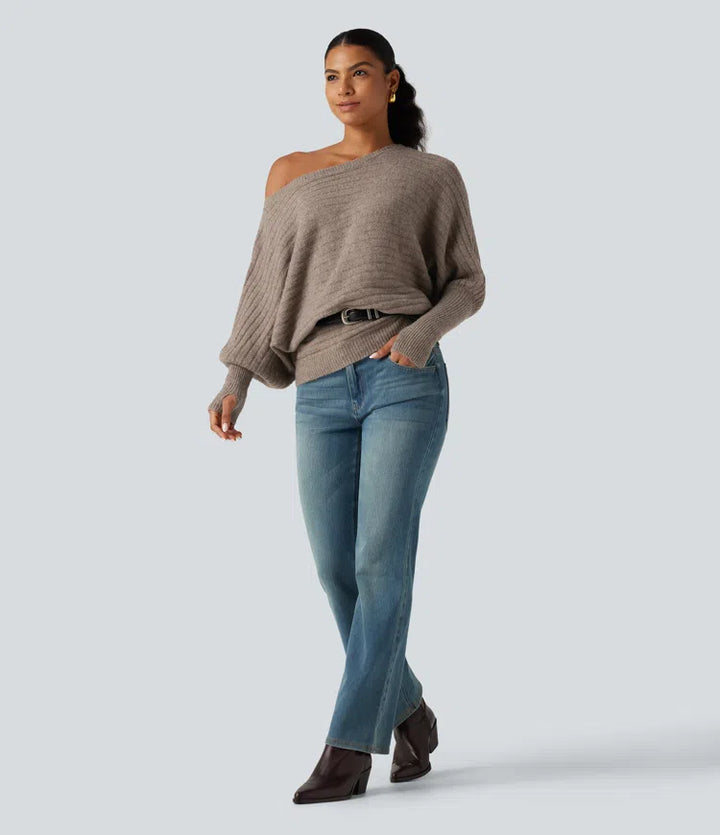 Boat Neck Batwing Long Sleeve Thumb Hole Casual Wool-Blend Jumper