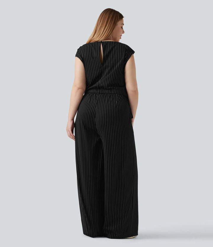 Plus Size Boat Neck Sleeveless Tie Side Cool Touch Stripe Work Jumpsuit with Pockets-Easy Peezy Edition