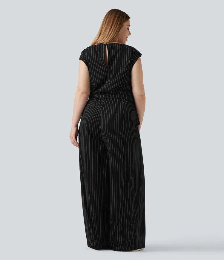 Plus Size Boat Neck Sleeveless Tie Side Cool Touch Stripe Work Jumpsuit with Pockets-Easy Peezy Edition