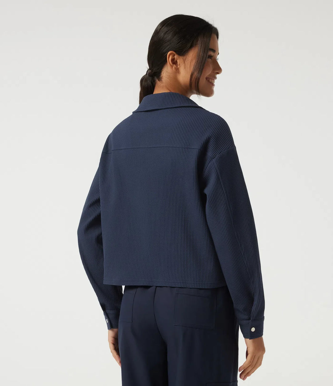 Lapel Dropped Long Sleeve Waffle Casual Jacket with Pockets