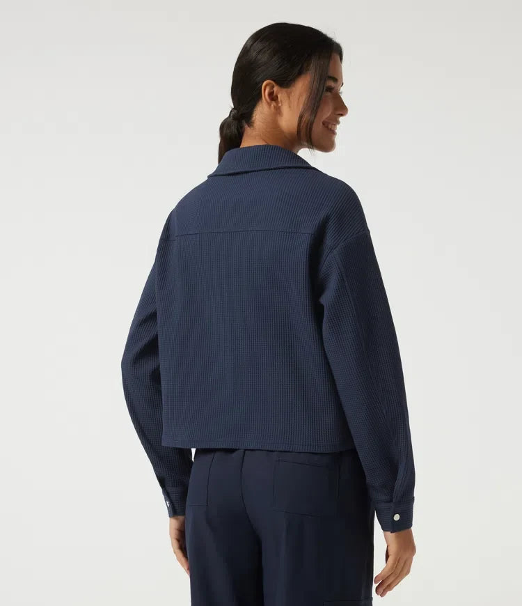Lapel Dropped Long Sleeve Waffle Casual Jacket with Pockets