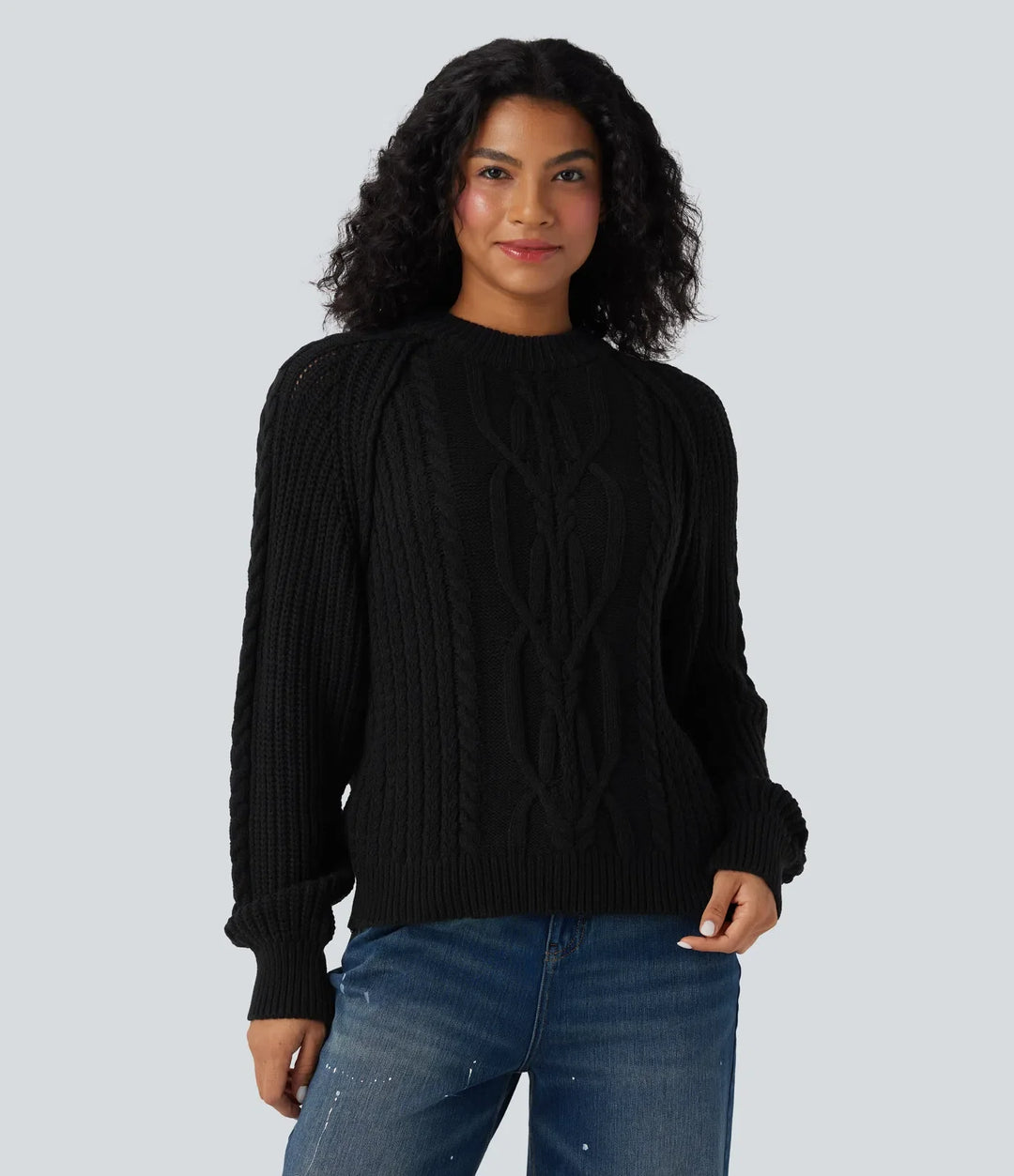 Round Neck Raglan Long Sleeve Relaxed Cable Knit Casual Jumper
