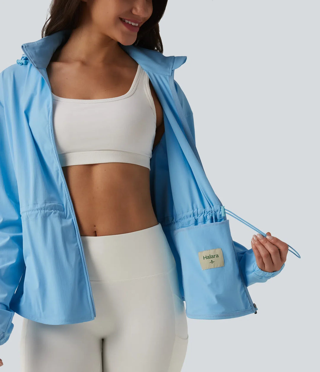 Durable Water Repellent Removable Hood Drawstring Workout Jacket with Zip Pockets