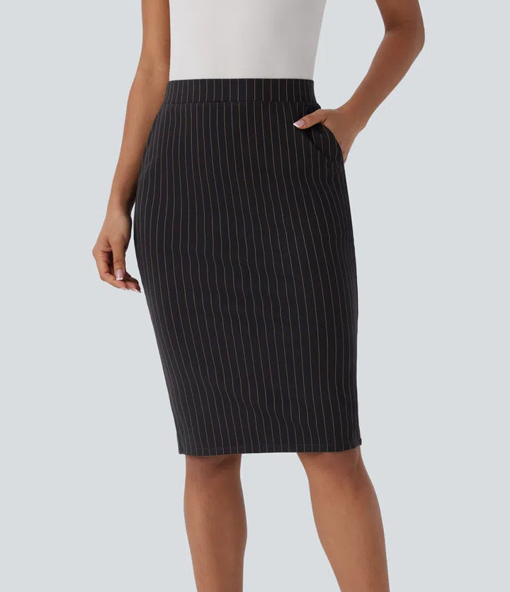 High Waisted Side Pocket Split Hem  Stripe Bodycon Work Skirt