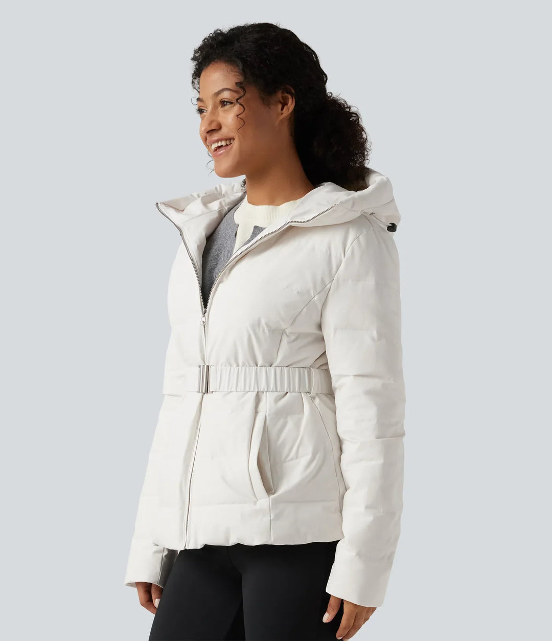 Hooded Long Sleeve Belted Work Down Jacket with Pockets